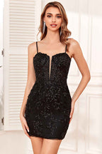 Sparkly Black Sequins Tight Short Homecoming Dress with Lace