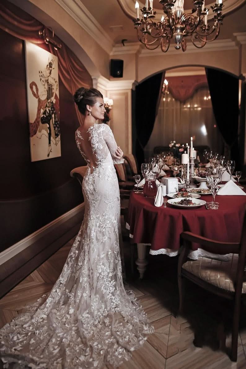 Unique Long Sleeve High Neck Backless Mermaid Wedding Dress with Lace Appliques BM bride