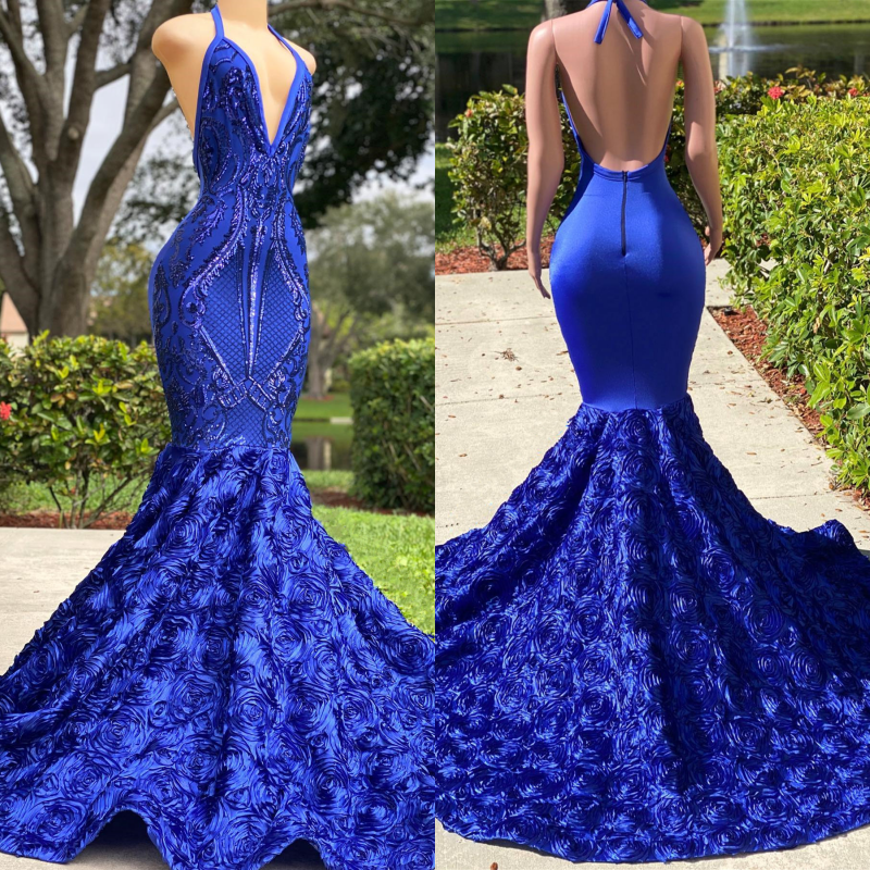 Royal Blue Halter V-Neck Open-Back Sleeveless Mermaid Prom Dress BM bride