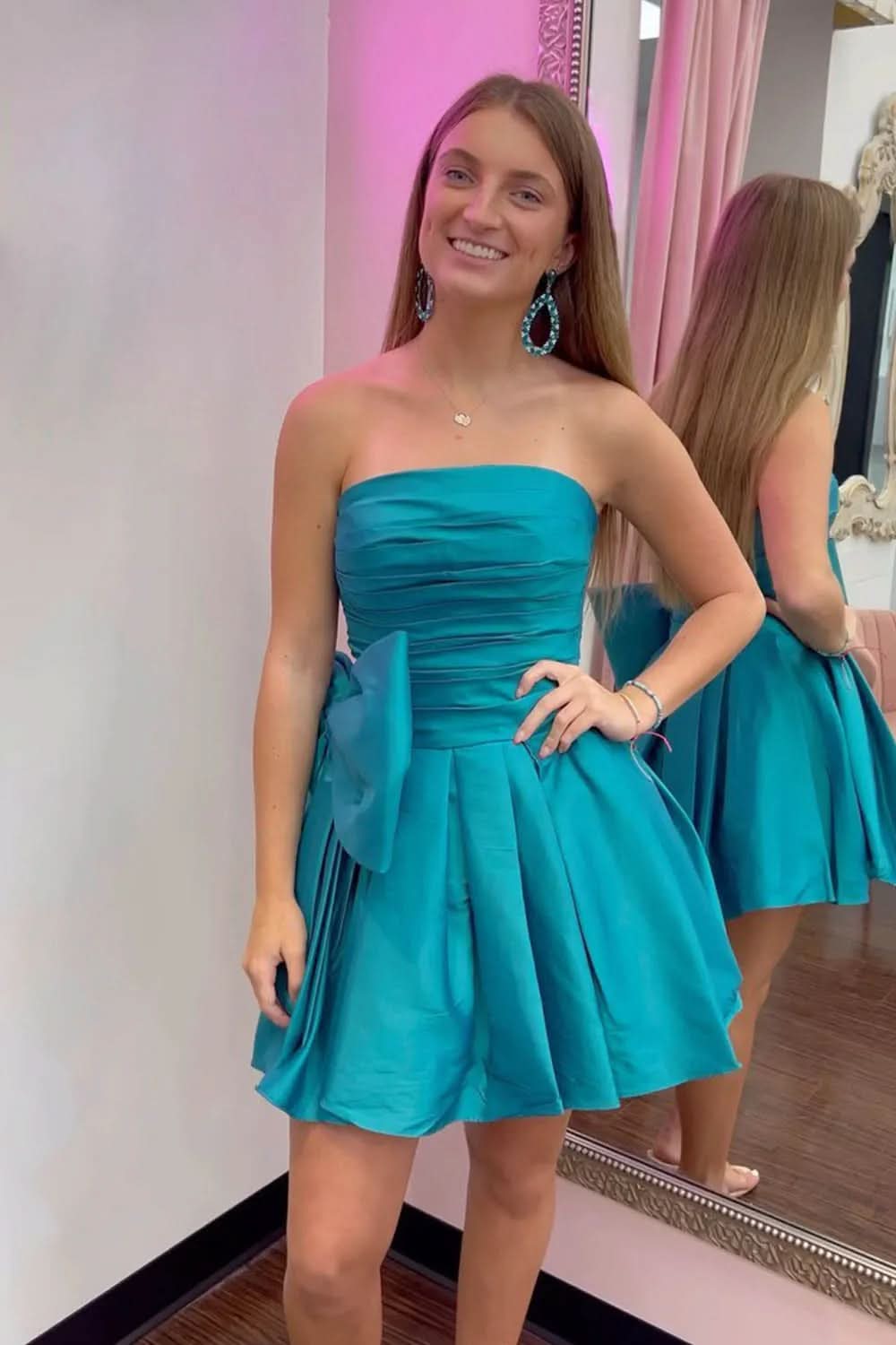 Elegant A-Line Strapless Pleated Party Dress Featuring a Charming Bow BM bride