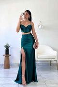 Two Pieces Spaghetti Strap Sleeveless Prom Dress With Front Split