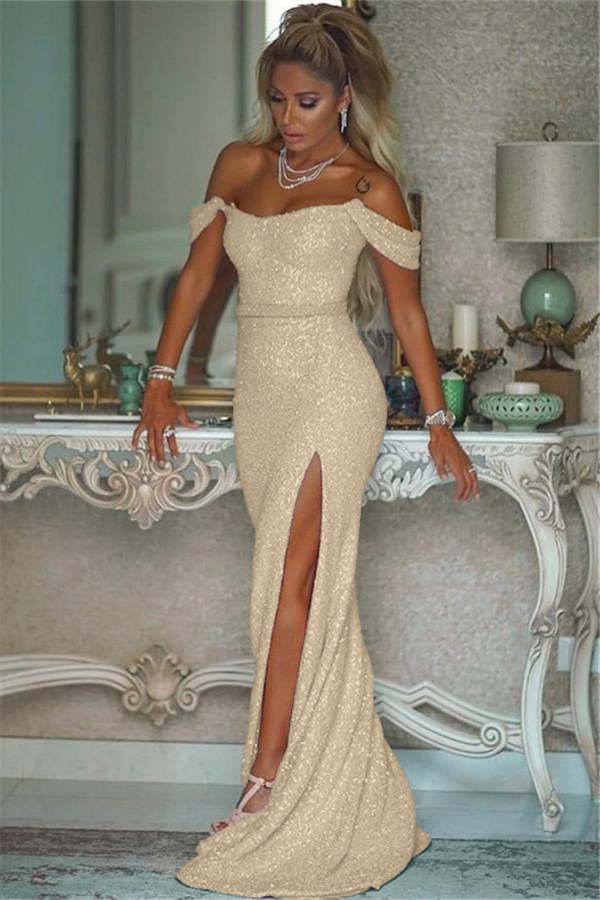 Pink Sequins Off the Shoulder Mermaid Elegant Prom Dresses With Split BMBRIDE