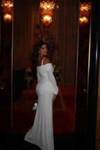 Off the Shoulder Spaghetti Strap Long Sleeves Long Prom Dress With Ruffles