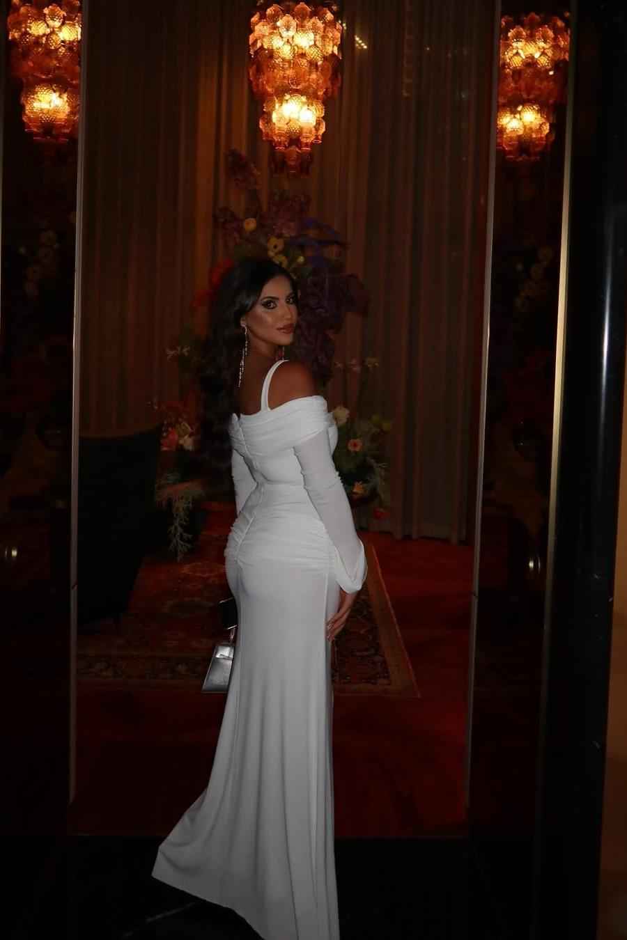 Off the Shoulder Spaghetti Strap Long Sleeves Long Prom Dress With Ruffles