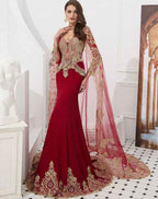 Amazing Long Sleeves Mermaid Prom Dress With Gold Appliques Cape