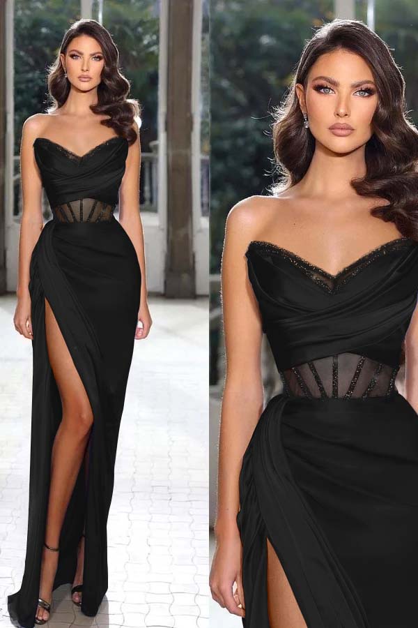Strapless Sleeveless Long Mermaid Prom Dress With Split Pleated BMBRIDE