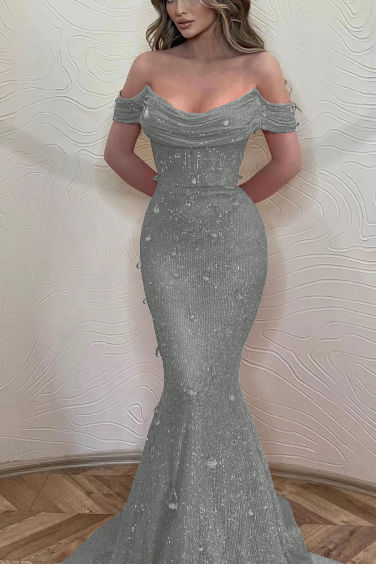 Orange Off the Shoulder Strapless Sleeveless Prom Dress With Sequins Mermaid BMBRIDE