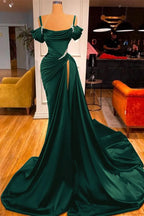 Green Off-the-Shoulder Prom Dress with Long Slit and Pleated Detail BM bride