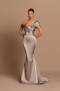 Glamorous Gray Off the Shoulder Mermaid Prom Dress With Pleated BMBRIDE