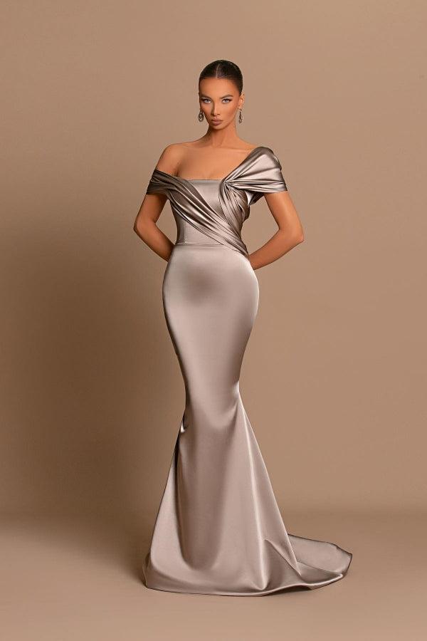 Glamorous Gray Off the Shoulder Mermaid Prom Dress With Pleated BMBRIDE