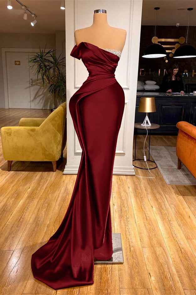 Long Red One Shoulder Strapless Prom Dress Pleated Mermaid With Beadings