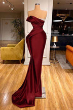 Long Red One Shoulder Strapless Prom Dress Pleated Mermaid With Beadings