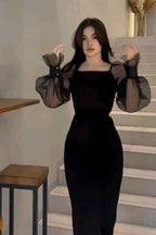 Charming Black Square Neck Long Sleeves Side Split Prom Dress With Beadings