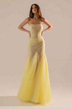 Tulle Strapless Sleeveless Long Mermaid Prom Dress With Pleated