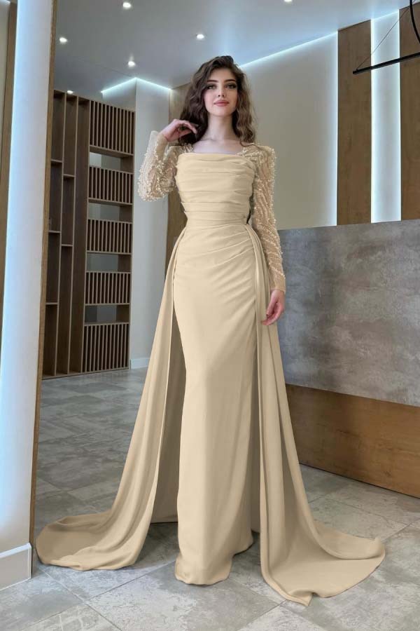 Long Sleeves Square Neck Long Mermaid Prom Dress With Pleated BMBRIDE