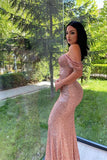 Elegant V-Neck Long Sleeves Mermaid Prom Dress with Sequins and Split BM bride