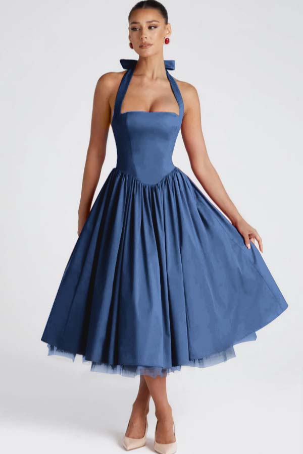 Halter Sleeveless Long A Line Prom Dress With Pleated Tulle BMBRIDE