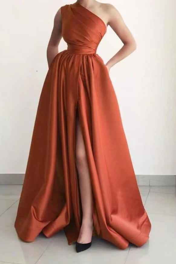 Burnt Orange Elegant One Shoulder Sleeveless Prom Dress A Line Split With Pockets