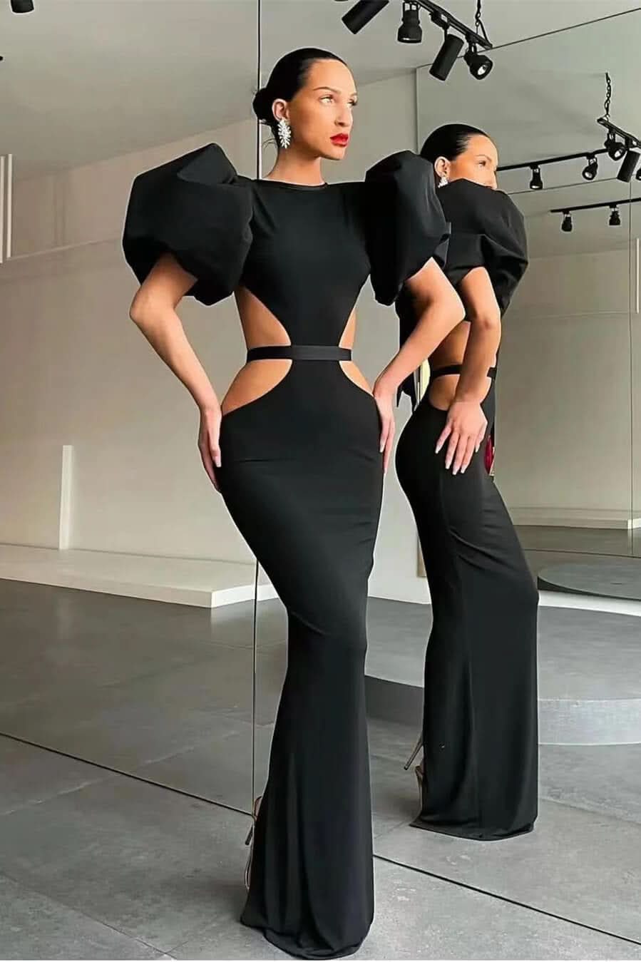 Black Shiny Mermaid Puff Sleeves Evening Dress Online BM bride