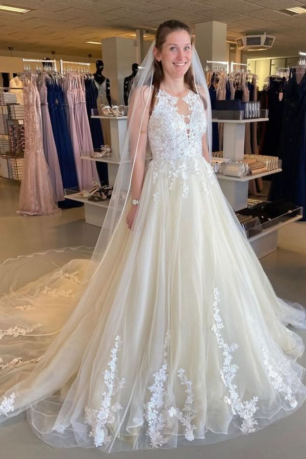 Bateau Neck Floor-Length Backless A-Line Tulle Wedding Dress with Lace Appliques and Ruffles BM bride