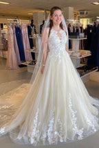Bateau Neck Floor-Length Backless A-Line Tulle Wedding Dress with Lace Appliques and Ruffles BM bride