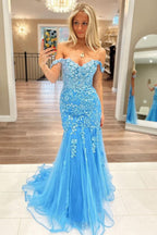 Graceful Blue Off-the-Shoulder Tulle Mermaid Prom Dress with Appliques BM bride