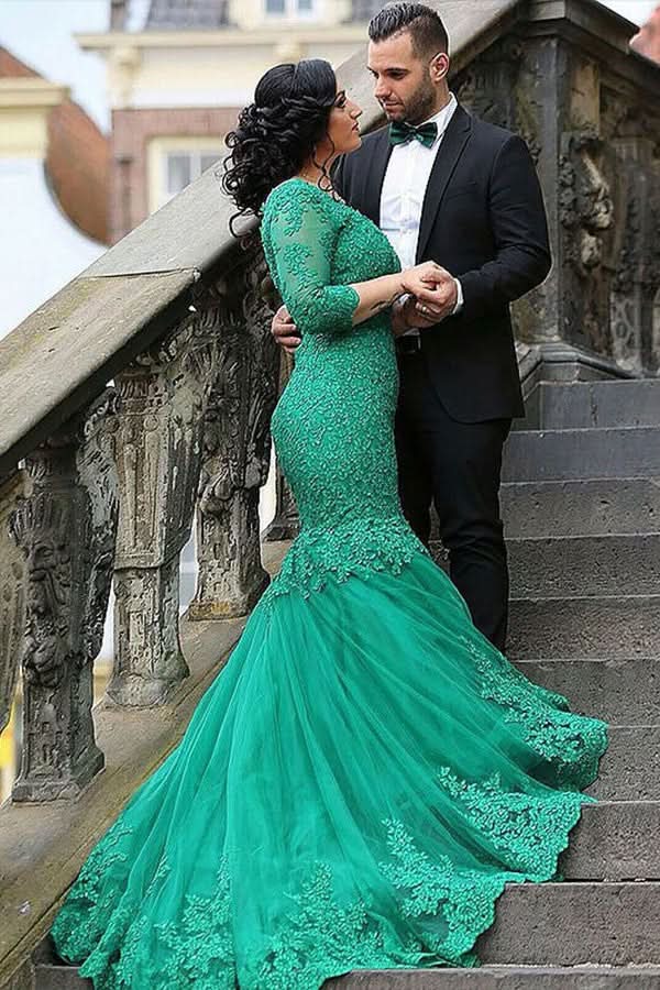 Emerald 3/4 Sleeve V-Neck Mermaid Prom Dress with Lace Appliques BM bride