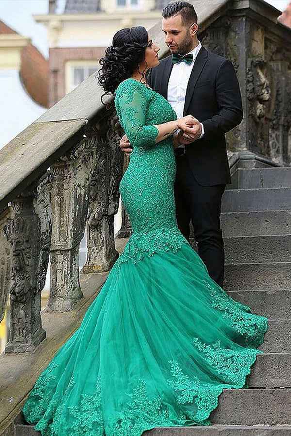 Charming Long Sleeves Mermaid Prom Dress Emerald V Neck With Lace Appliques