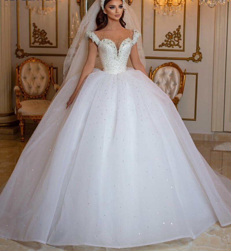 Glamorous Off-the-Shoulder Beaded Princess Wedding Dress with Pearl and Tulle BM bride