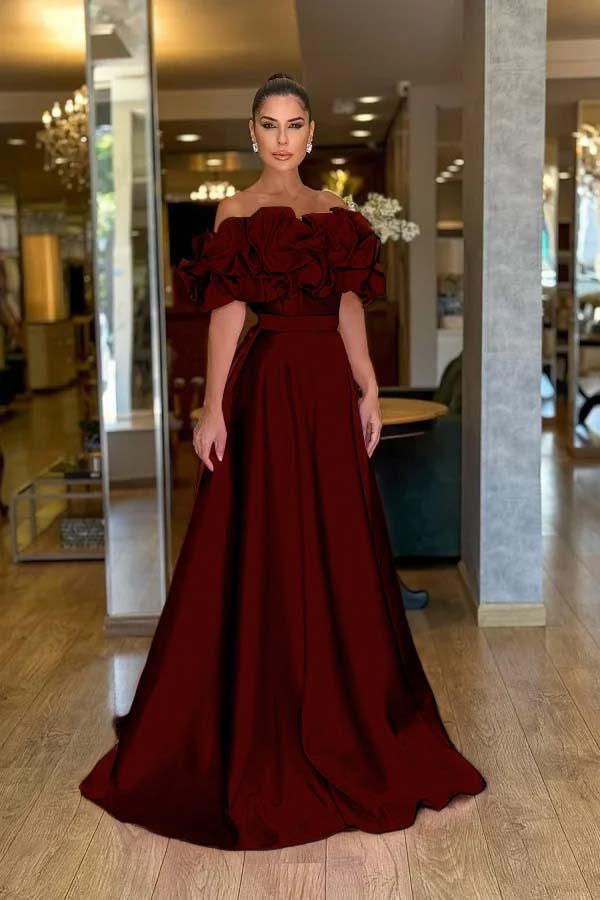 Off the Shoulder Sleeveless A Line Long Prom Dress With Pleated BMBRIDE