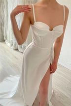 White Spaghetti-Strap Mermaid Prom Dress with Ruffles BM bride
