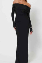 Black Off the Shoulder Long Sleeves Long Prom Dress With Pleated