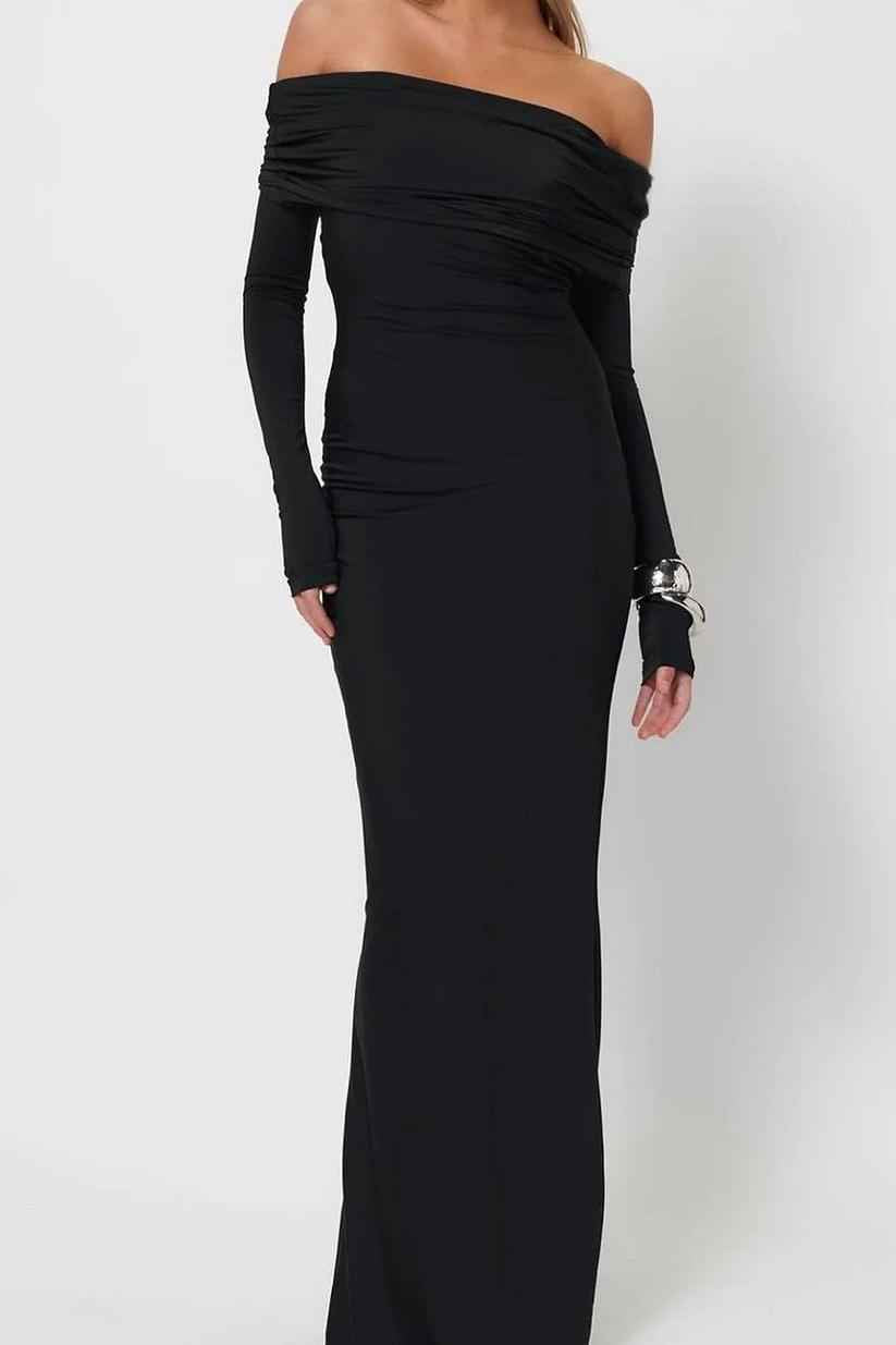 Black Off the Shoulder Long Sleeves Long Prom Dress With Pleated