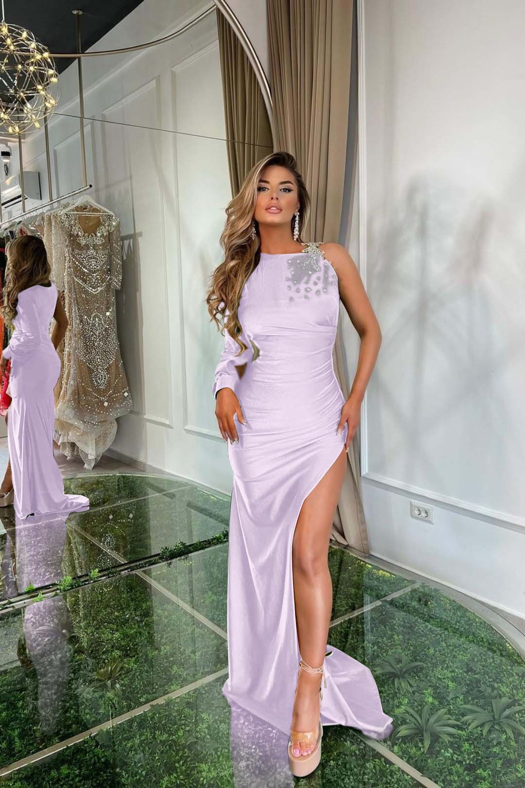 Green Satin With Split Prom Dress One Shoulder One Long Sleeve BMBRIDE