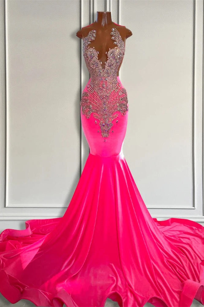 Sleeveless Velvet Mermaid Style Dress with Beadings in Pink Barbie Color for a Cute Look BM bride