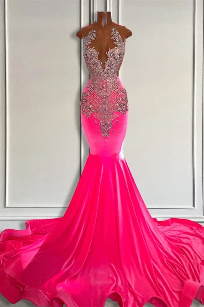 Sleeveless Velvet Mermaid Style Dress with Beadings in Pink Barbie Color for a Cute Look BM bride