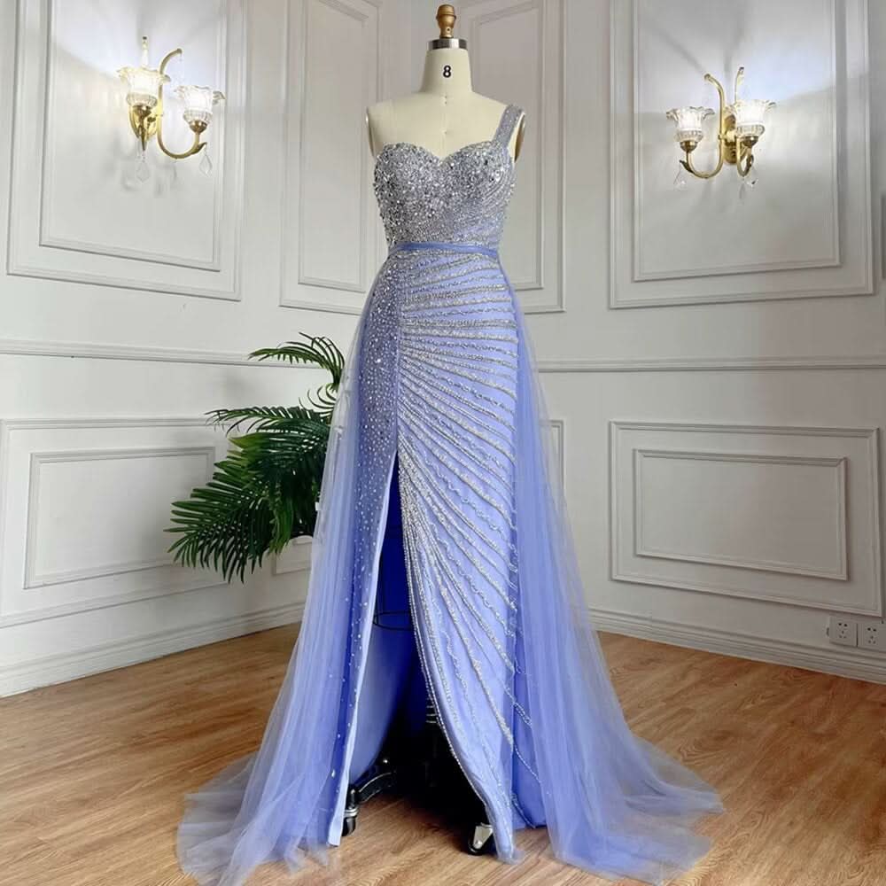 Sleeveless Mermaid Evening Dress with Split, One Shoulder, Sequins, and Tulle BM bride