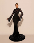 High Neck Lace Long Sleeves Long Mermaid Prom Dress With Pleated BMBRIDE