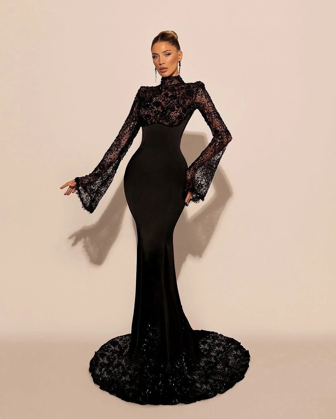 High Neck Lace Long Sleeves Long Mermaid Prom Dress With Pleated BMBRIDE