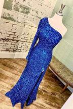 Long Sleeve One Shoulder Long Prom Dress Sequins With High Split