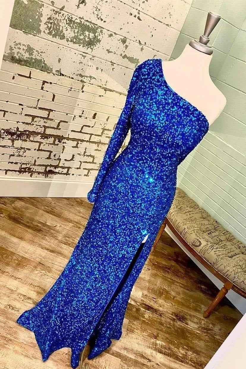 Charming Blue Sequins One Shoulder Strapless Long Sleeve Prom Dress With Split