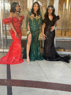 Emerald Empress - Dark Green Sequin Mermaid Prom Dress with Gold Tassel Bodice & Sheer Cape