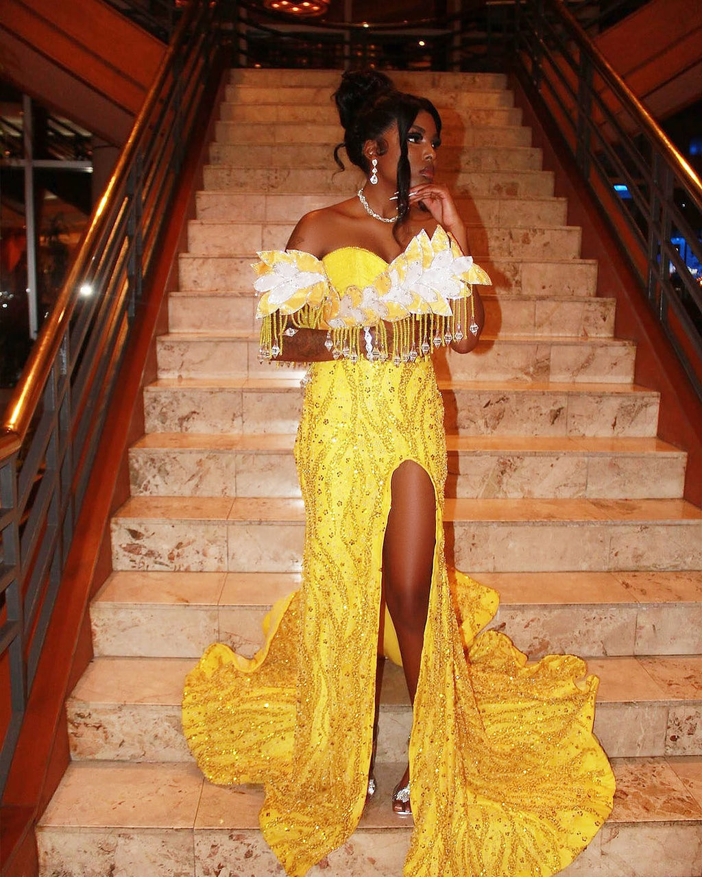 The Golden Sunflower - 2026 Off-Shoulder Lace Mermaid Gown: White Floral Appliqués with Crystal Fringe & Yellow Lace Train