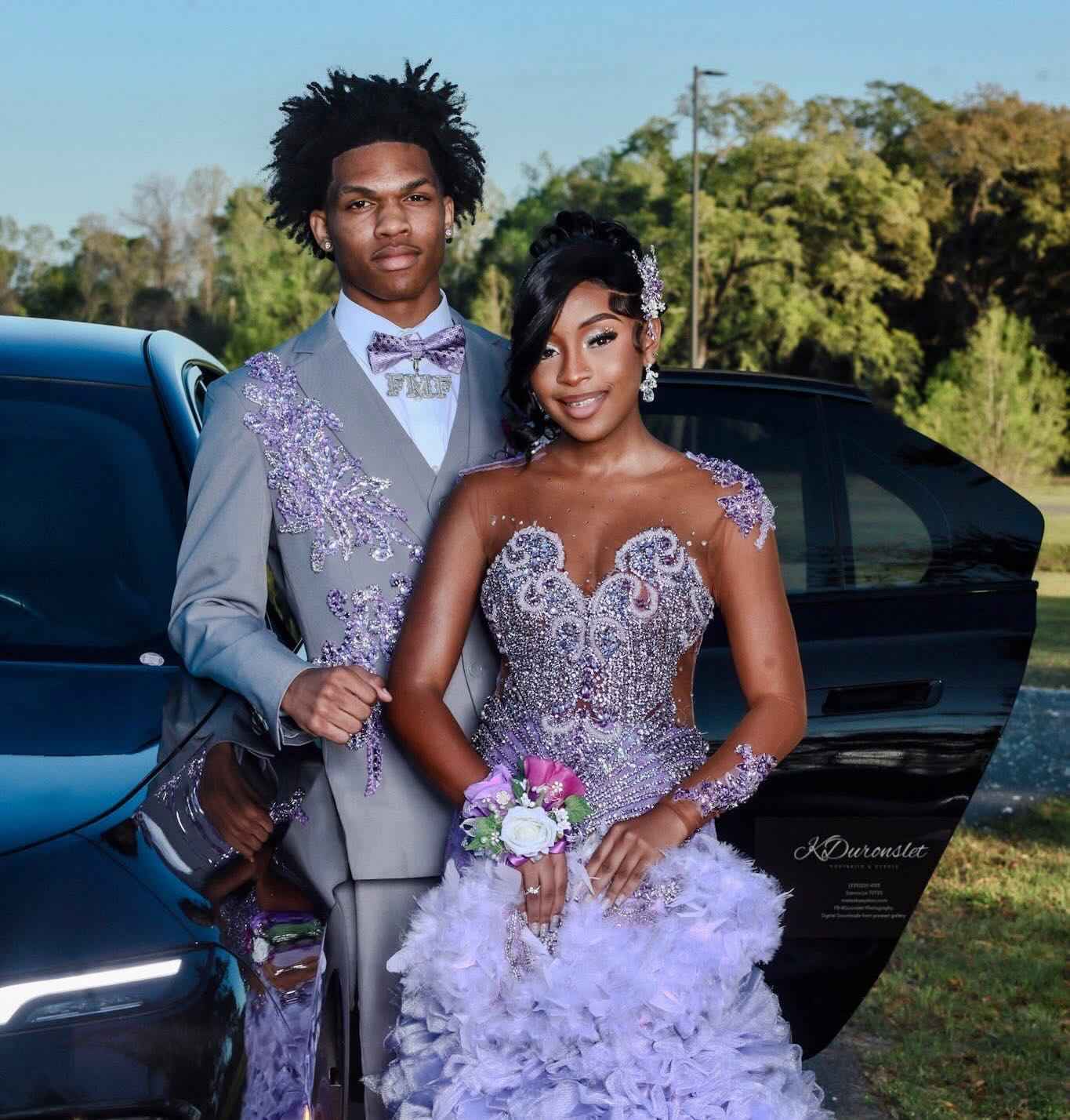 Lavender Dream - Purple Crystal Beaded Sheer Bodice Prom Dress with Ruffle Feather Skirt