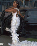 The White Angel - 2026 White Silver Crystal Feather Mermaid Gown: Plunging V-Neckline with Crystal Straps, Open Back & Feather Cathedral Train