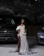 Starlight Dream - Silver Crystal Beaded Off-Shoulder Mermaid Prom Dress with Thigh Slit