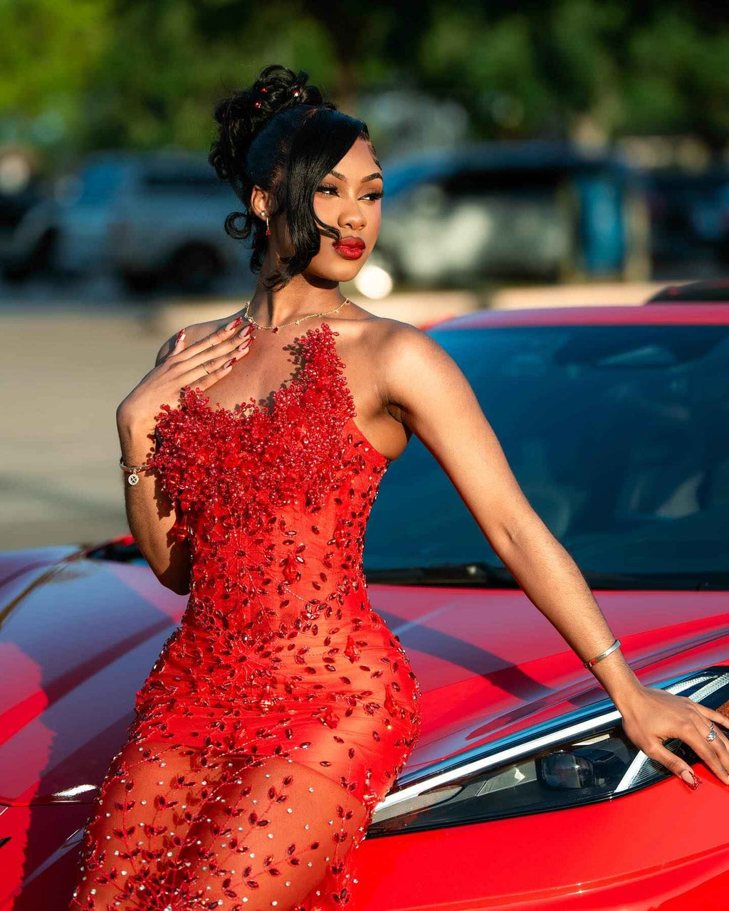 Red Hot - Sheer Illusion Beaded Mermaid Prom Dress with 3D Florals