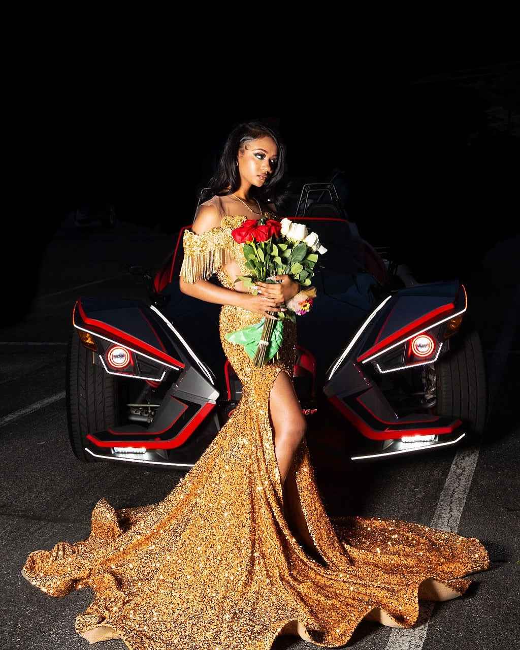 Golden Hour Glamour - Beaded Fringe Mermaid Prom Dress with Plunging Neckline