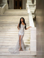 The Silver Feather - 2026 Crystal Beaded Illusion Gown: Sweetheart Neckline with Sheer Bodice, High Slit & White Feather Cathedral Train