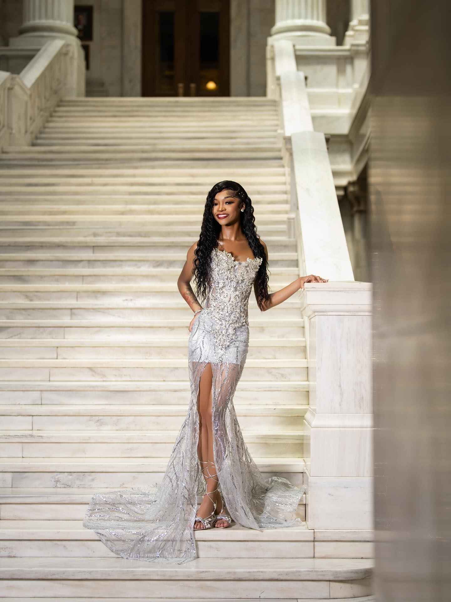 The Silver Feather - 2026 Crystal Beaded Illusion Gown: Sweetheart Neckline with Sheer Bodice, High Slit & White Feather Cathedral Train